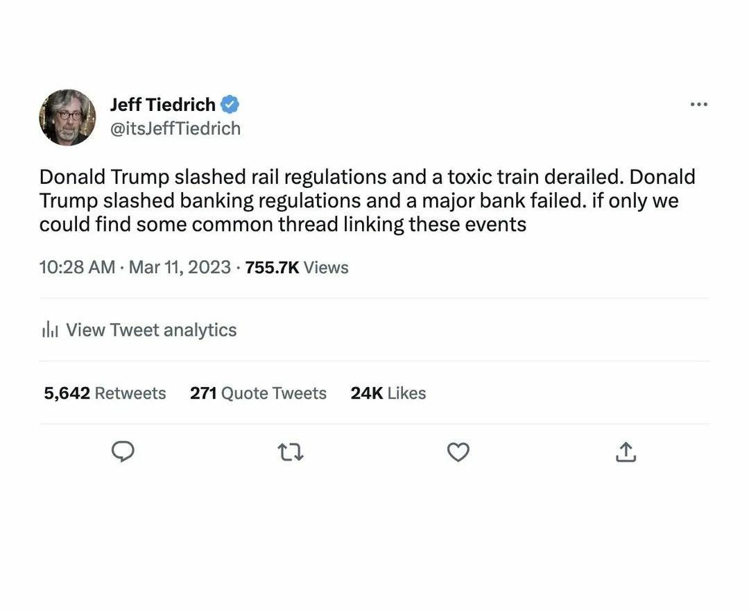 Jeff Tiedrich itslefTiedrich Donald Trump slashed rail regulations and a toxic train derailed Donald Trump slashed banking regulations and a major bank failed if only we could find some common thread linking these events 1028 AM Mar 112023 T557K Views 1l View Tweat analytics 5642 Retweets 271 Quote Tweets 24K Likes o a M 23