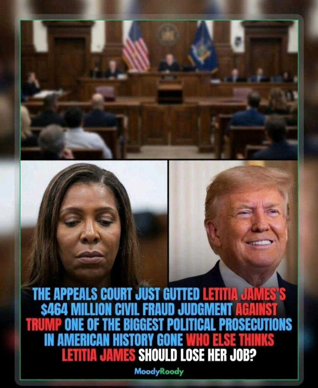 THE APPEALS COURT JUST GUTTED LETITIA JAMES'S $464 MILLION CIVIL FRAUD JUDGMENT AGAINST TRUMP ONE OF THE BIGGEST POLITICAL PROSECUTIONS IN AMERICAN HISTORY GONE WHO ELSE THINKS LETITIA JAMES SHOULD LOSE HER JOB?
