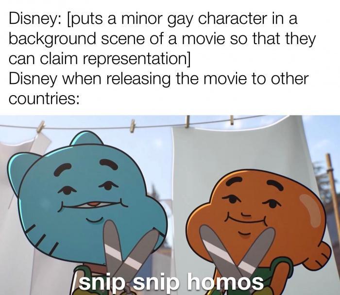 Disney puts a minor gay character in a background scene of a movie so that they can claim representation Disney when releasing the movie to other countries