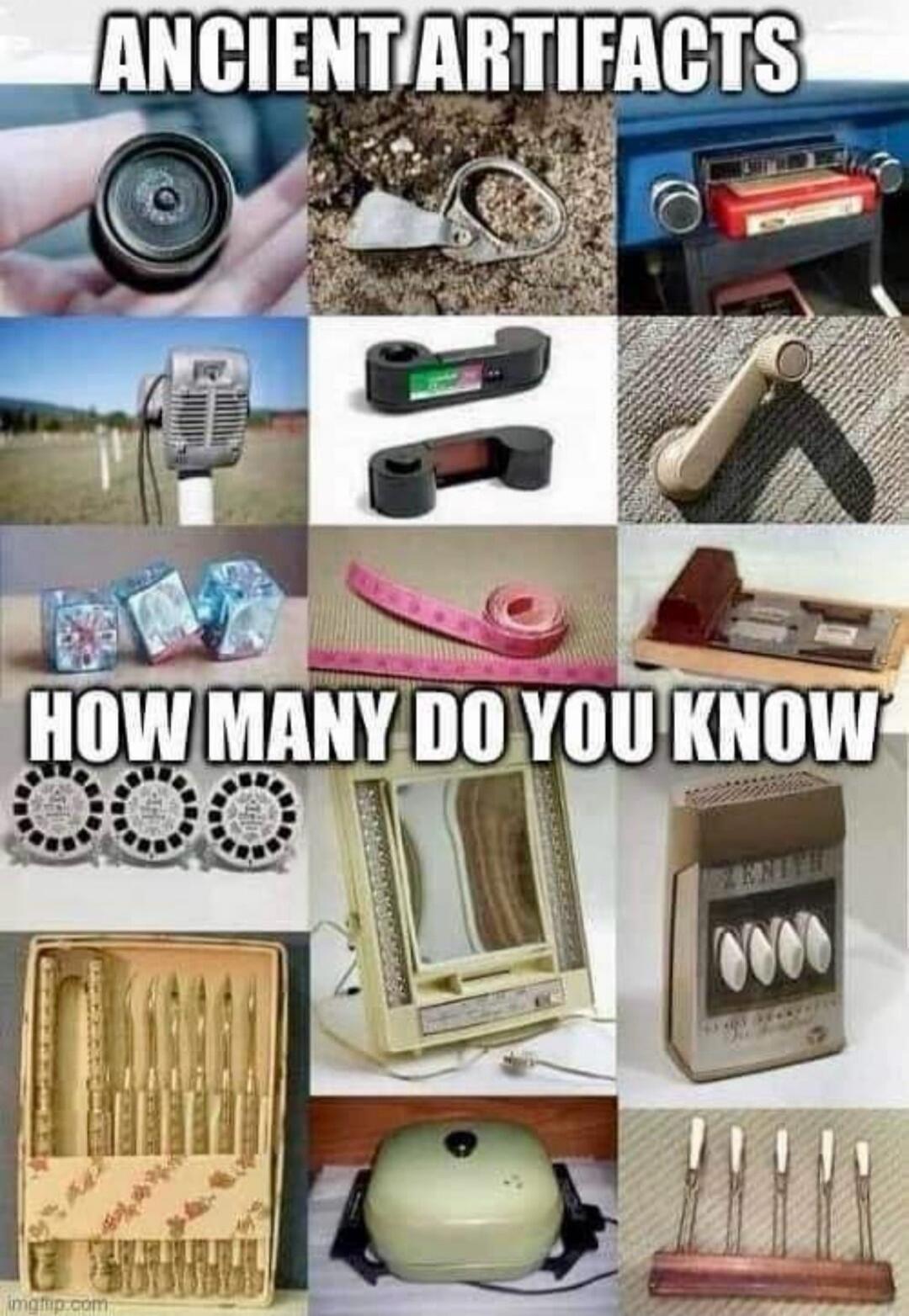ANCIENT ARTIFACTS HOW MANY DO YOU KNOW. The image displays a collection of twelve vintage items, including a film canister, a ring-pull can opener, a car cassette player, an old microphone, cassette tape spools, a car window crank, View-Master reels, a pink measuring tape, a slide viewer, a set of butter knives, a vintage slow cooker, and fondue fo
