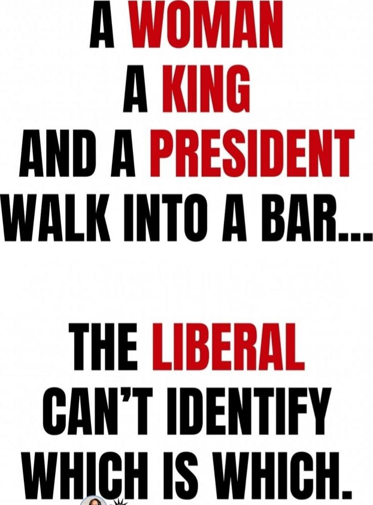 A WOMAN
A KING
AND A PRESIDENT
WALK INTO A BAR...

THE LIBERAL
CAN'T IDENTIFY
WHICH IS WHICH.