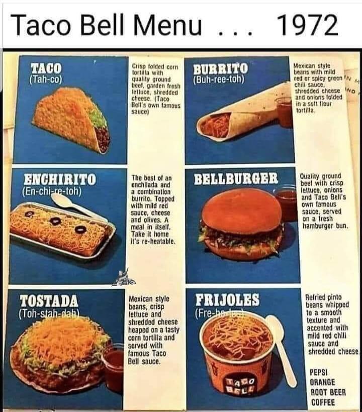 TACO Tah co ENCHIRITO En chig TOSTADA o sl WX e 30 i choese Peapadn aly cam i an Seved wih fimous Tacy Eeth FRIJOLES Frey oy gt e o P b i gt e Vi St win o e and ved creesy Py ommwce A0 een COFFEE
