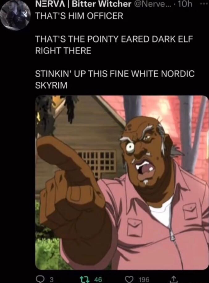 1 VA Bitter Witcher erve 100 b THATS HIM OFFICER THATS THE POINTY EARED DARK ELF RIGHT THERE STINKIN UP THIS FINE WHITE NORDIC SKYRIM 4B I LT