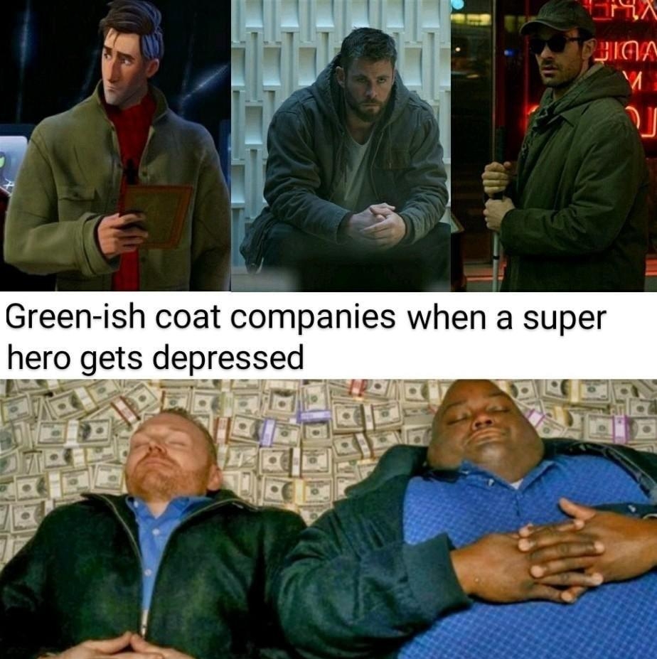 Green ish coat companies when a super ero gets depressed