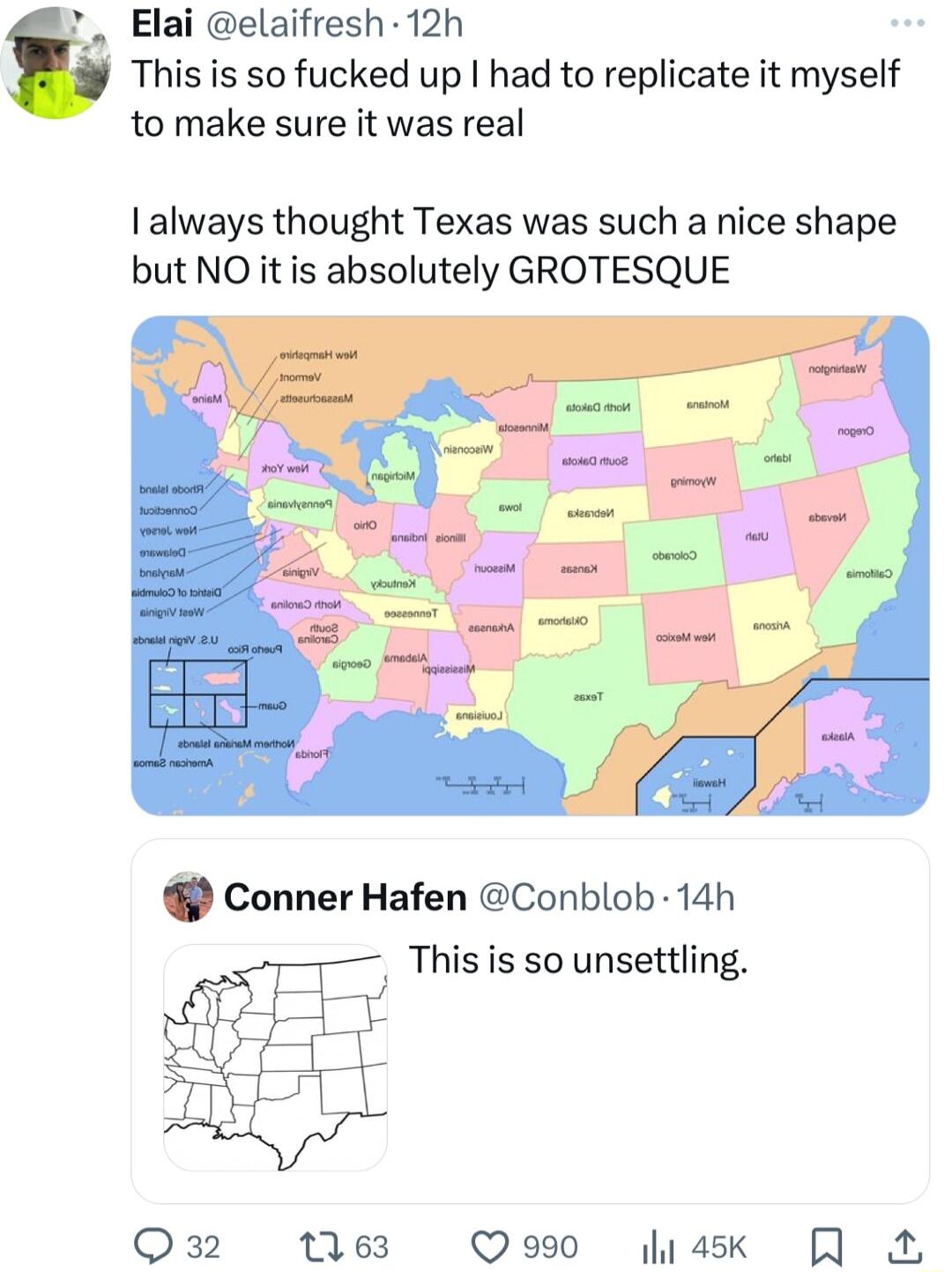 Elai elaifresh 12h This is so fucked up had to replicate it myself to make sure it was real I always thought Texas was such a nice shape but NO it is absolutely GROTESQUE Conner Hafen Conblob 14h This is so unsettling Qo990 ek