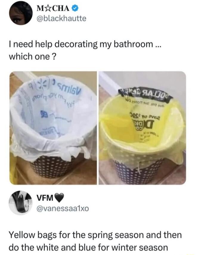 MrCHA blackhautte I need help decorating my bathroom which one PN v B o vo e WA vive vanessaalxo Yellow bags for the spring season and then do the white and blue for winter season