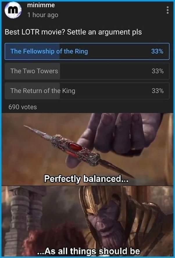 minimme 1 hour ago Best LOTR movie Settle an argument pls The Fellowship of the Ring The Two Towers The Return of the King 690 votes Perfectlybalanced 2YER VI 7 As all things should be