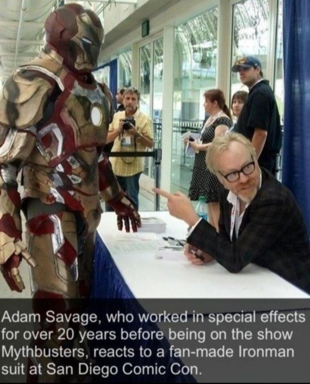 Adam Savage who worked In special effects for over 20 years before being on the show Mythbusters reacts to a fan made Ironman suit at San Diego Comic Con