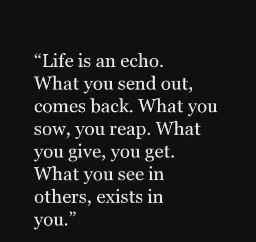 Life is an echo What you send out comes back What you sow you reap What you give you get What you see in others exists in you