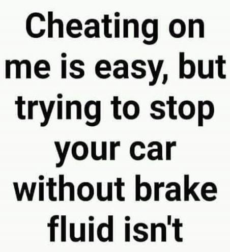 Cheating on me is easy, but trying to stop your car without brake fluid isn't