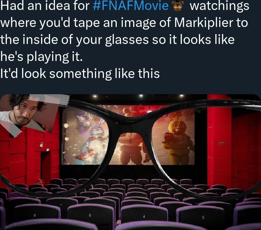 Had an Idea for FNAFMovie watchings where youd tape an image of Markiplier to the inside of your glasses so it looks like hes playing it Itd look something like this