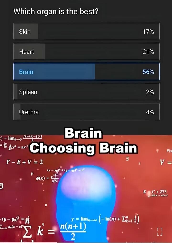 Which organ is the best Skin 17 Heart 21 Brain 56 Spleen 2 Urethra 4 e Brain_ Choosing Braln v o F EV2