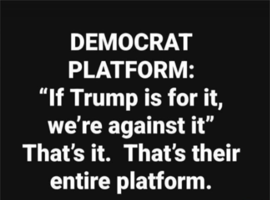 DEMOCRAT PLATFORM: “If Trump is for it, we’re against it” That’s it. That’s their entire platform.