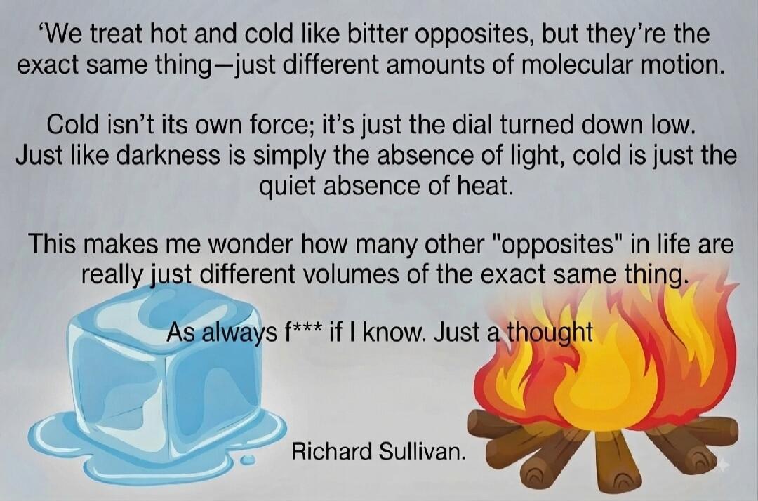 'We treat hot and cold like bitter opposites, but they're the exact same thing—just different amounts of molecular motion.
Cold isn't its own force; it's just the dial turned down low. Just like darkness is simply the absence of light, cold is just the quiet absence of heat.
This makes me wonder how many other 