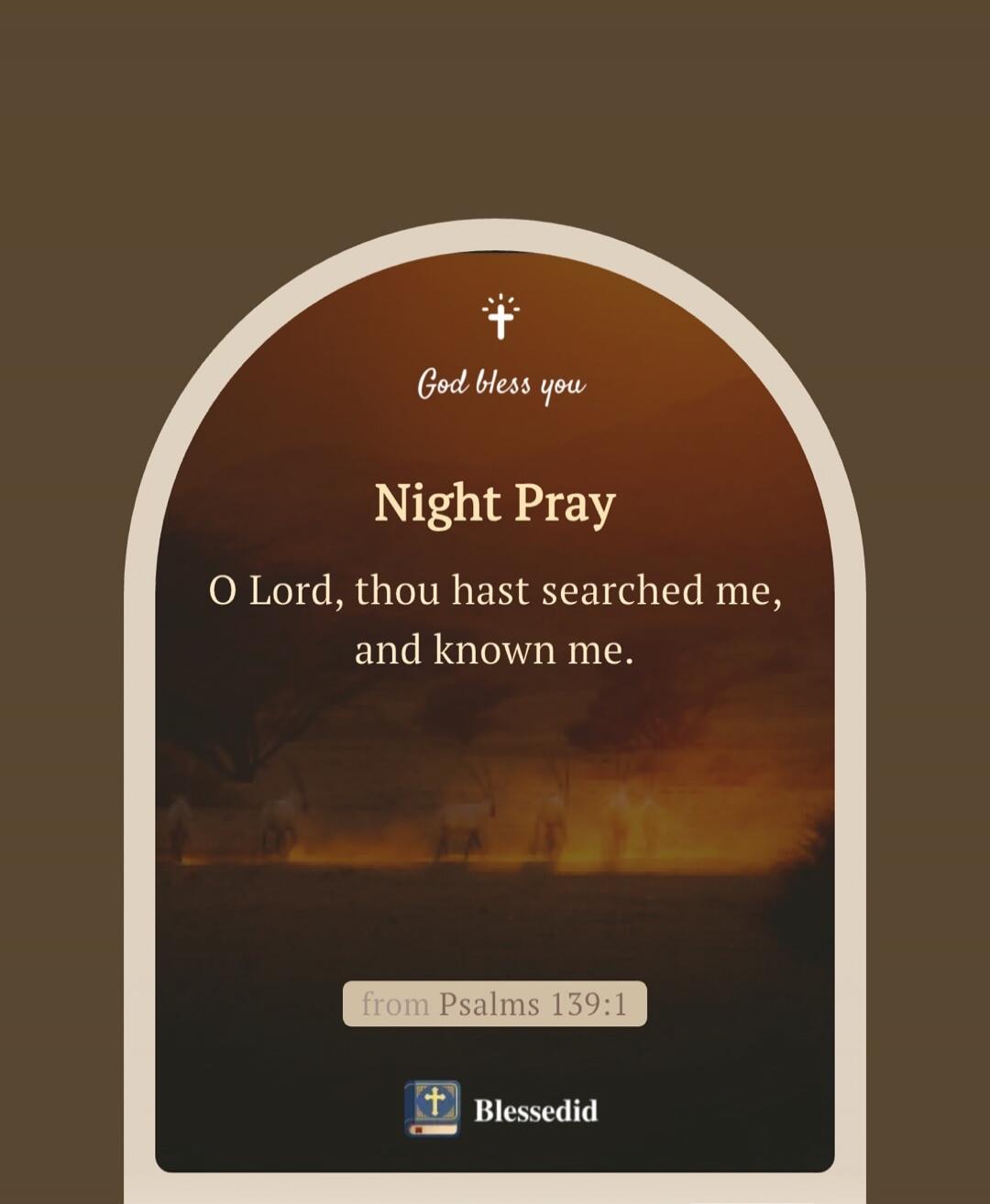God bless you
Night Pray
O Lord, thou hast searched me, and known me.
from Psalms 139:1
