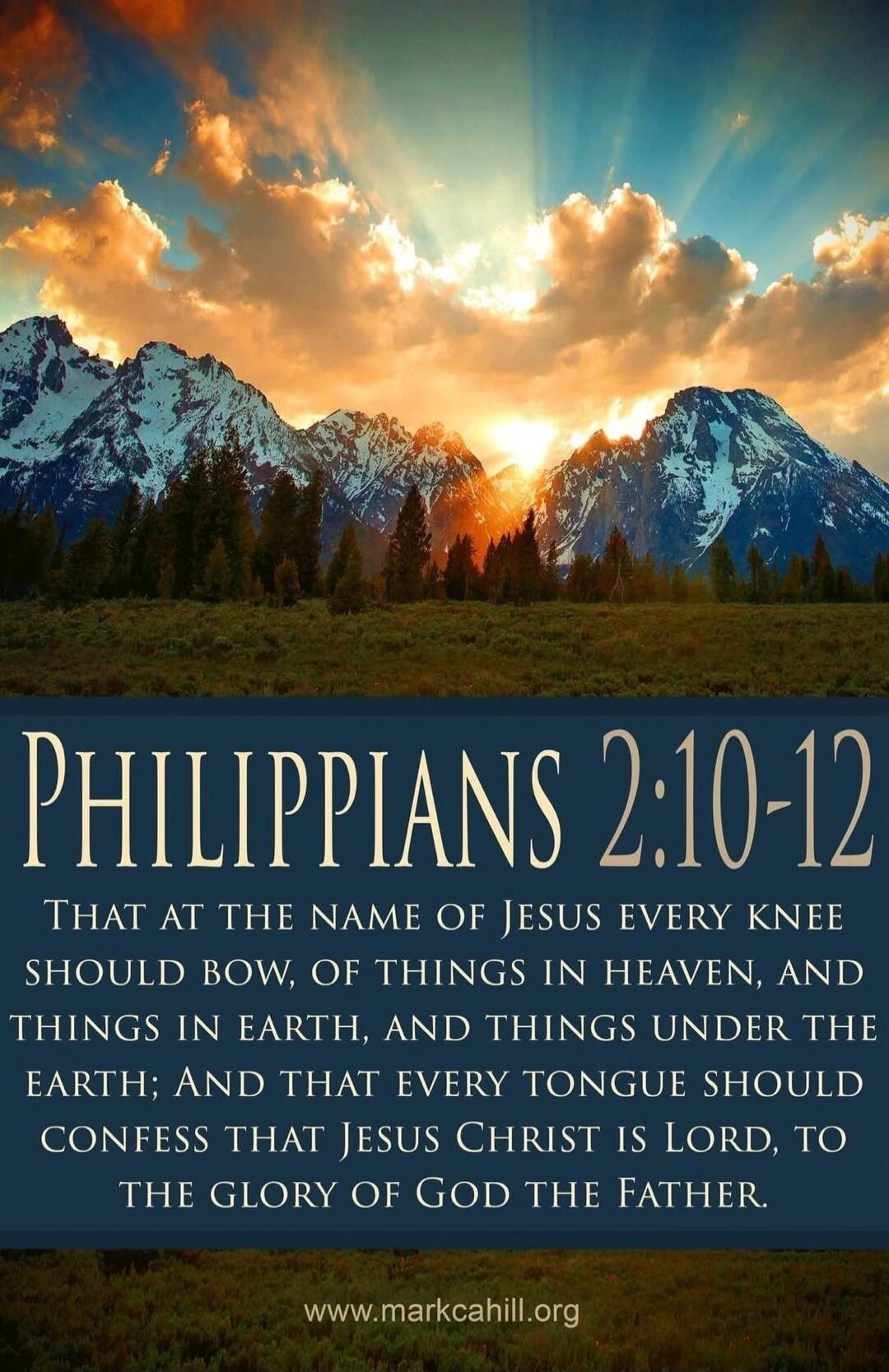 PHILIPPIANS 2:10-12
That at the name of Jesus every knee should bow, of things in heaven, and things in earth, and things under the earth; and that every tongue should confess that Jesus Christ is Lord, to the glory of God the Father.
www.markcahill.org
