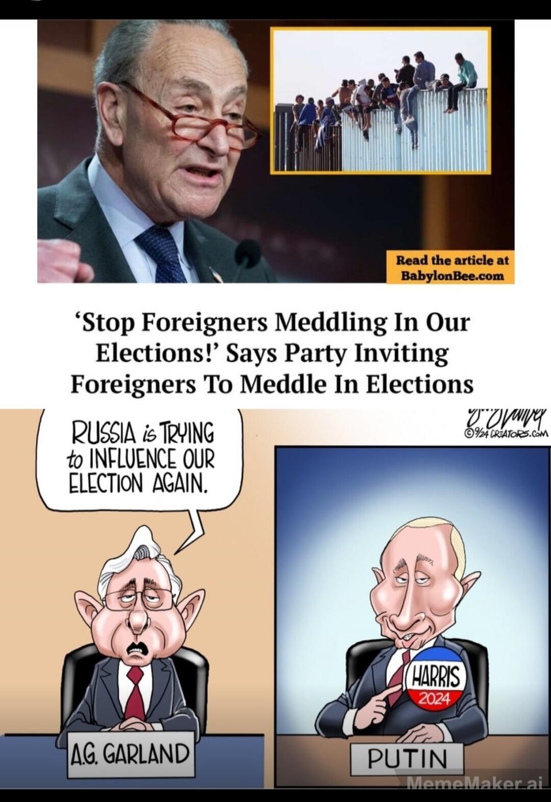 Stop Foreigners Meddling In Our Elections! Says Party Inviting Foreigners To Meddle In Elections RUSSIA is TRYING to INFLUENCE OUR ELECTION AGAIN. A.G. GARLAND PUTIN HARRIS 2024