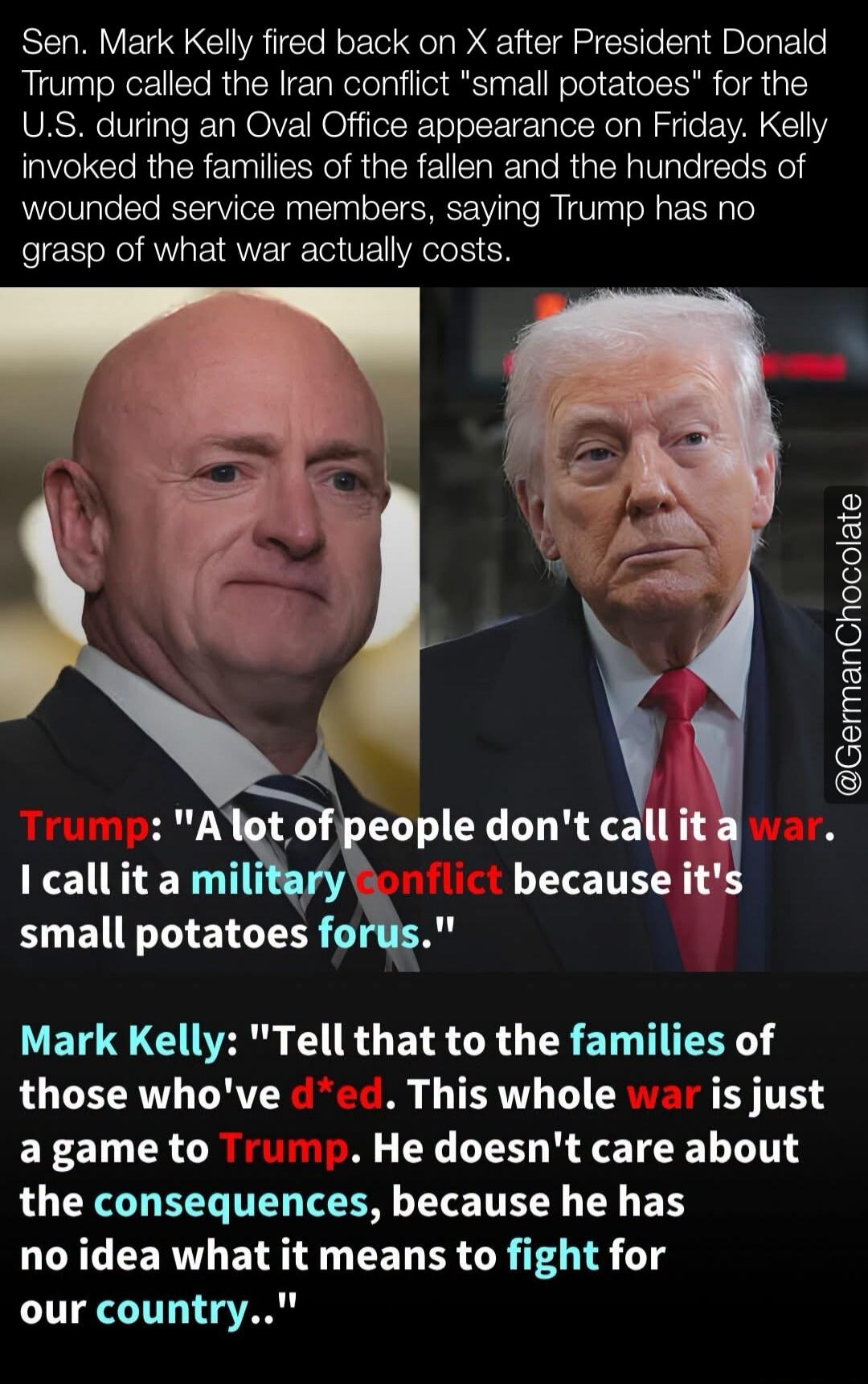 Sen. Mark Kelly fired back on X after President Donald Trump called the Iran conflict 