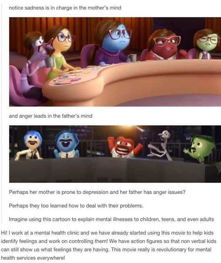 notice sadness is in charge in the mothers mind Perhaps her mother is prone to depression and her father has anger issues Perhaps they too leamed how to deal with their problems Imagine using this cartoon to explain mental ilinesses to children teens and even adults Hil work at a mental health clinic and we have already started using this movie to help kids identify feelings and work on controllin