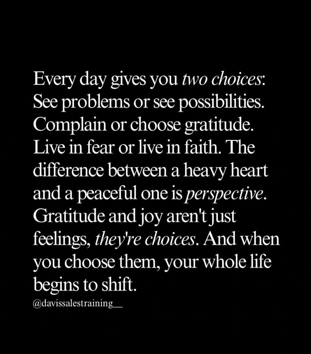 Every day gives you two choices: See problems or see possibilities. Complain or choose gratitude. Live in fear or live in faith. The difference between a heavy heart and a peaceful one is perspective. Gratitude and joy aren't just feelings, they're choices. And when you choose them, your whole life begins to shift. @davissalestraining_