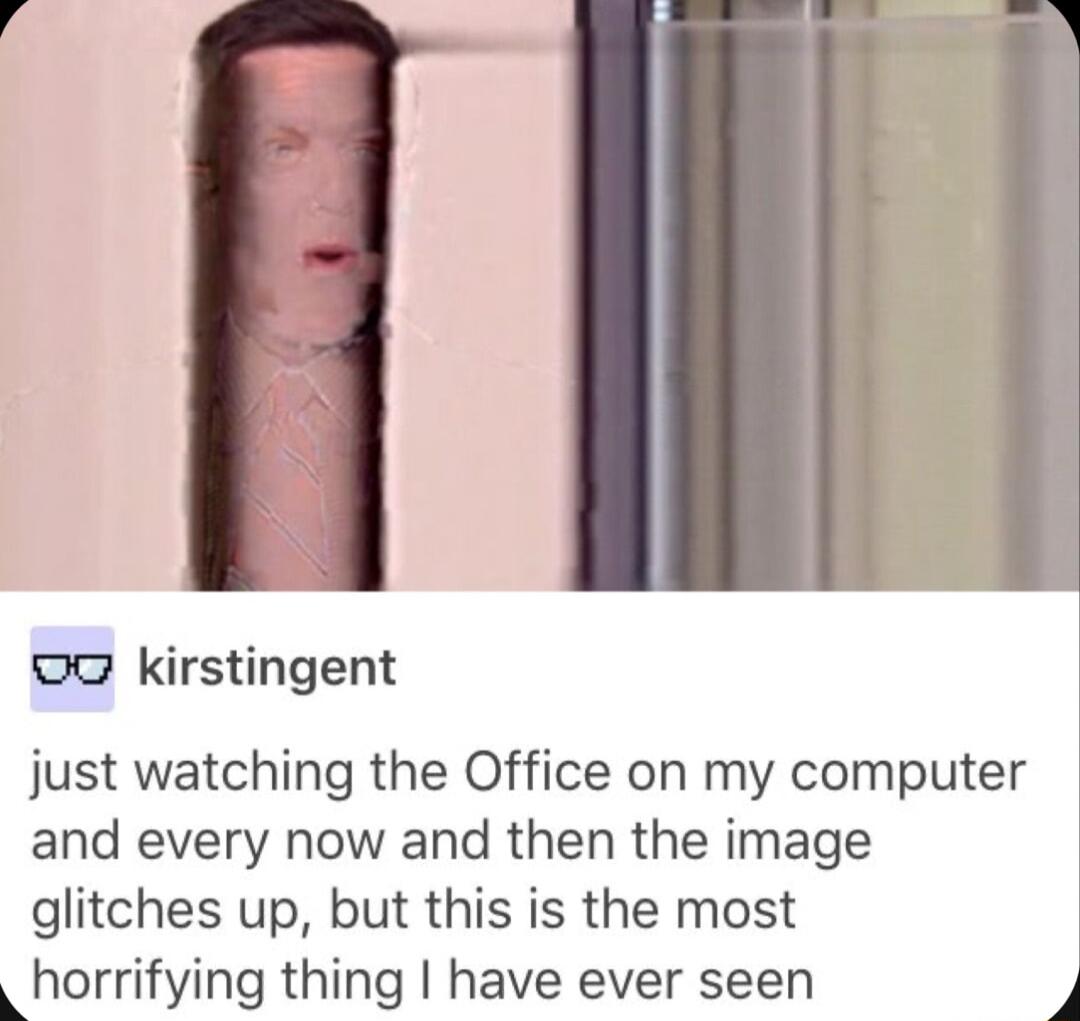 OG0 kirstingent just watching the Office on my computer and every now and then the image glitches up but this is the most horrifying thing have ever seen P