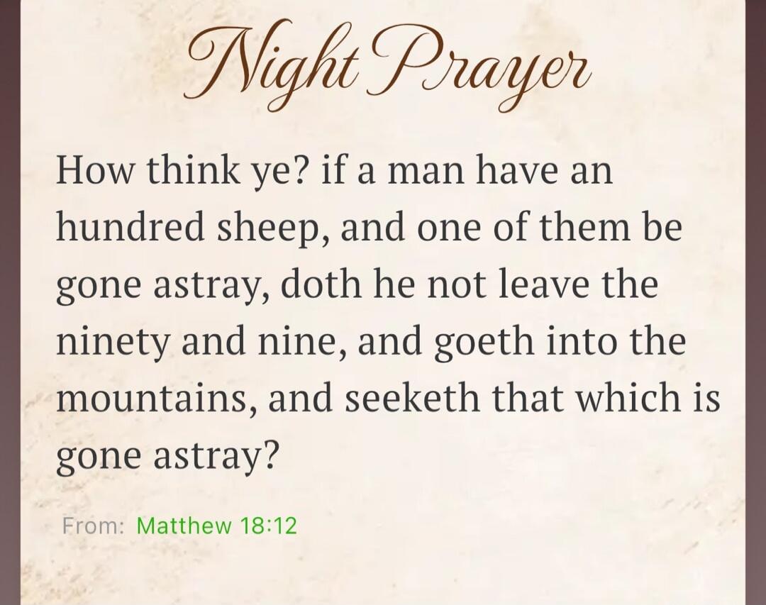 Night Prayer How think ye? if a man have an hundred sheep, and one of them be gone astray, doth he not leave the ninety and nine, and goeth into the mountains, and seeketh that which is gone astray? From: Matthew 18:12