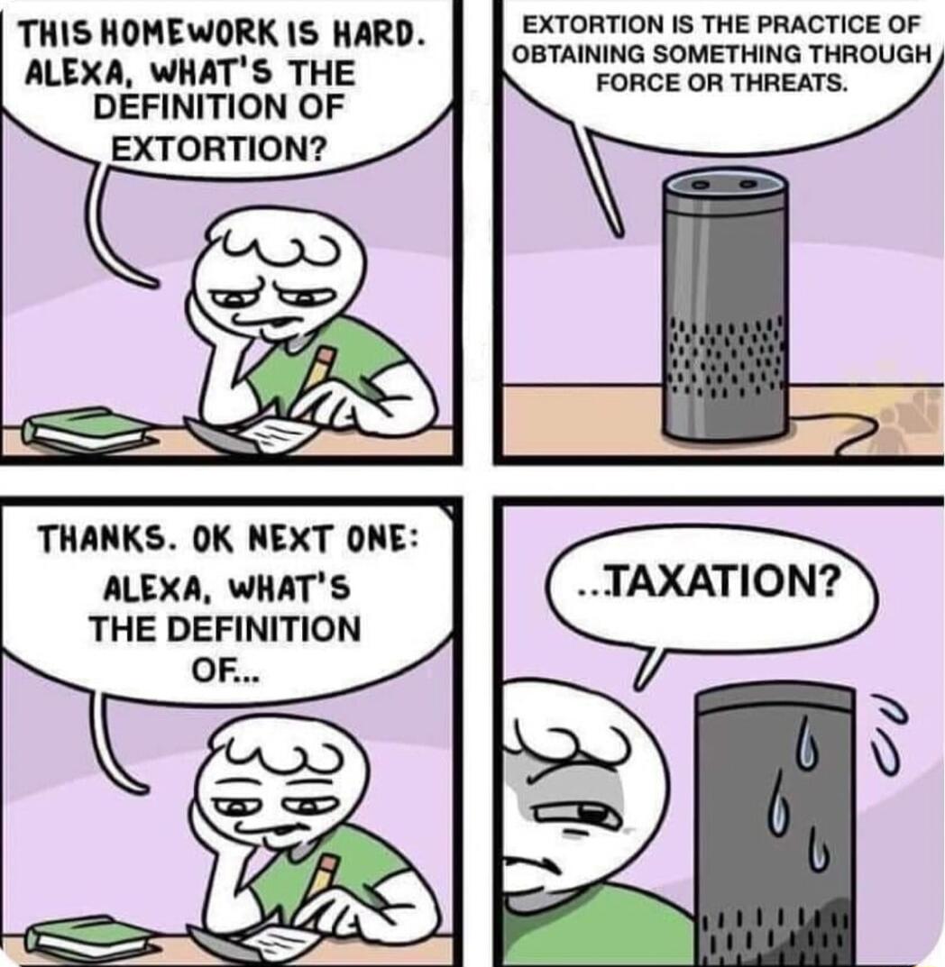 THIS HOMEWORK IS HARD ALEXA WHATS THE DEFINITION OF EXTORTION THANKS OK NEXT ONE ALEXA WHATS THE DEFINITION OF EXTORTION IS THE PRACTICE OF OBTAINING SOMETHING THROUGH FORCE OR THREATS