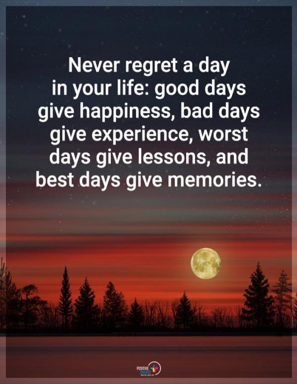 Never regret a day in your life: good days give happiness, bad days give experience, worst days give lessons, and best days give memories.