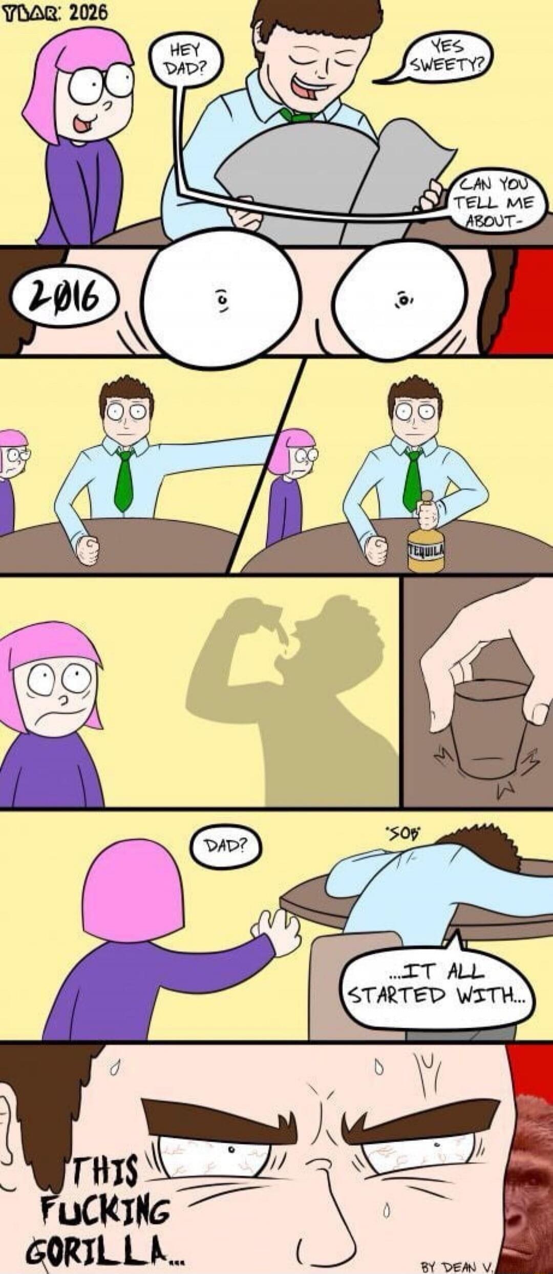 YEAR: 2026. Hey Dad? Yes sweety? Can you tell me about- 2016. Tequila. Dad? Sob. ...It all started with... THIS FUCKING GORILLA...