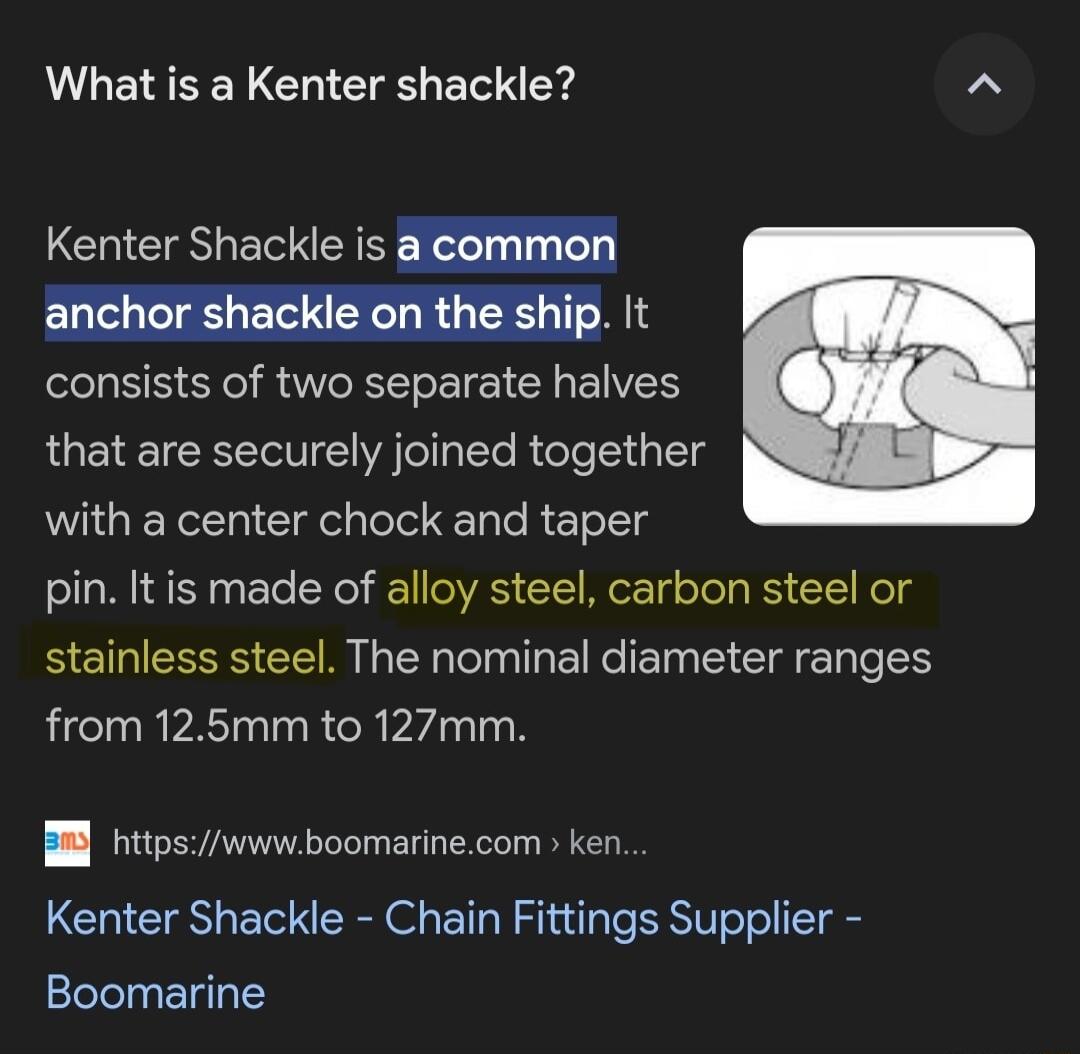 What is a Kenter shackle 1chor Cly eSS Xl R W RLToE I CHEIVES that are securely joined together with a center chock and taper pin It is made of alloy steel carbon steel or stainless steel The nominal diameter ranges from 125mm to 127mm l nttpswwwboomarinecom ken Kenter Shackle Chain Fittings Supplier Boomarine