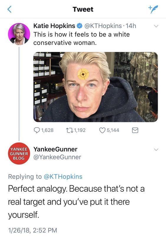 Tweet W Katie Hopkins KTHopkins 14h This is how it feels to be a white conservative woman Qteze M2 Qsus B YankeeGunner YankeeGunner Replying to KTHopkins Perfect analogy Because thats not a real target and youve put it there yourself 12618 252 PM