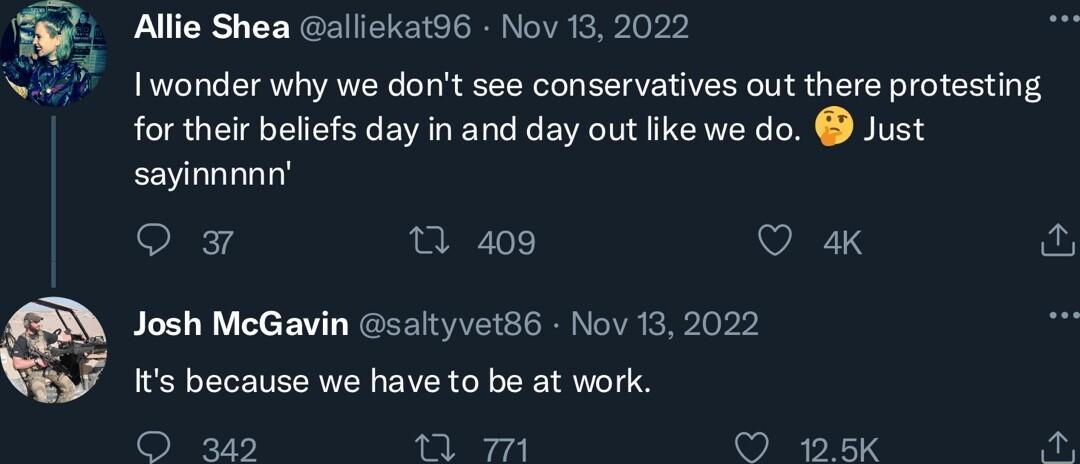 Allie Shea alliekat96 Nov 13 2022 1wonder why we dont see conservatives out there protesting for their beliefs day in and day out like we do Just sayinnnnn Q F 1 409 VRS fu Josh McGavin saltyvet86 Nov 132022 Its because we have to be at work O 349 Tl m O 125K o