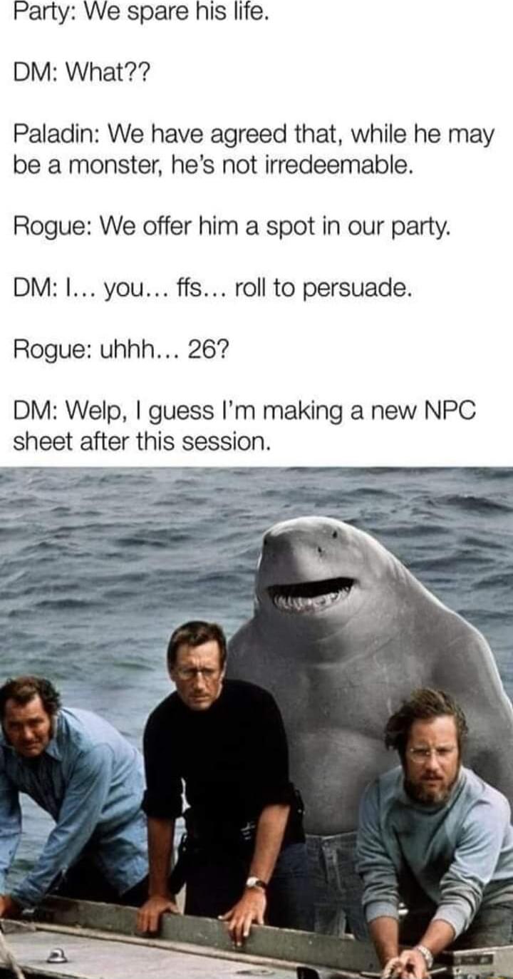 Party We spare his lite DM What Paladin We have agreed that while he may be a monster hes not irredeemable Rogue We offer him a spot in our party DM I you ffs roll to persuade Rogue uhhh 267 DM Welp guess Im making a new NPC sheet after this session o
