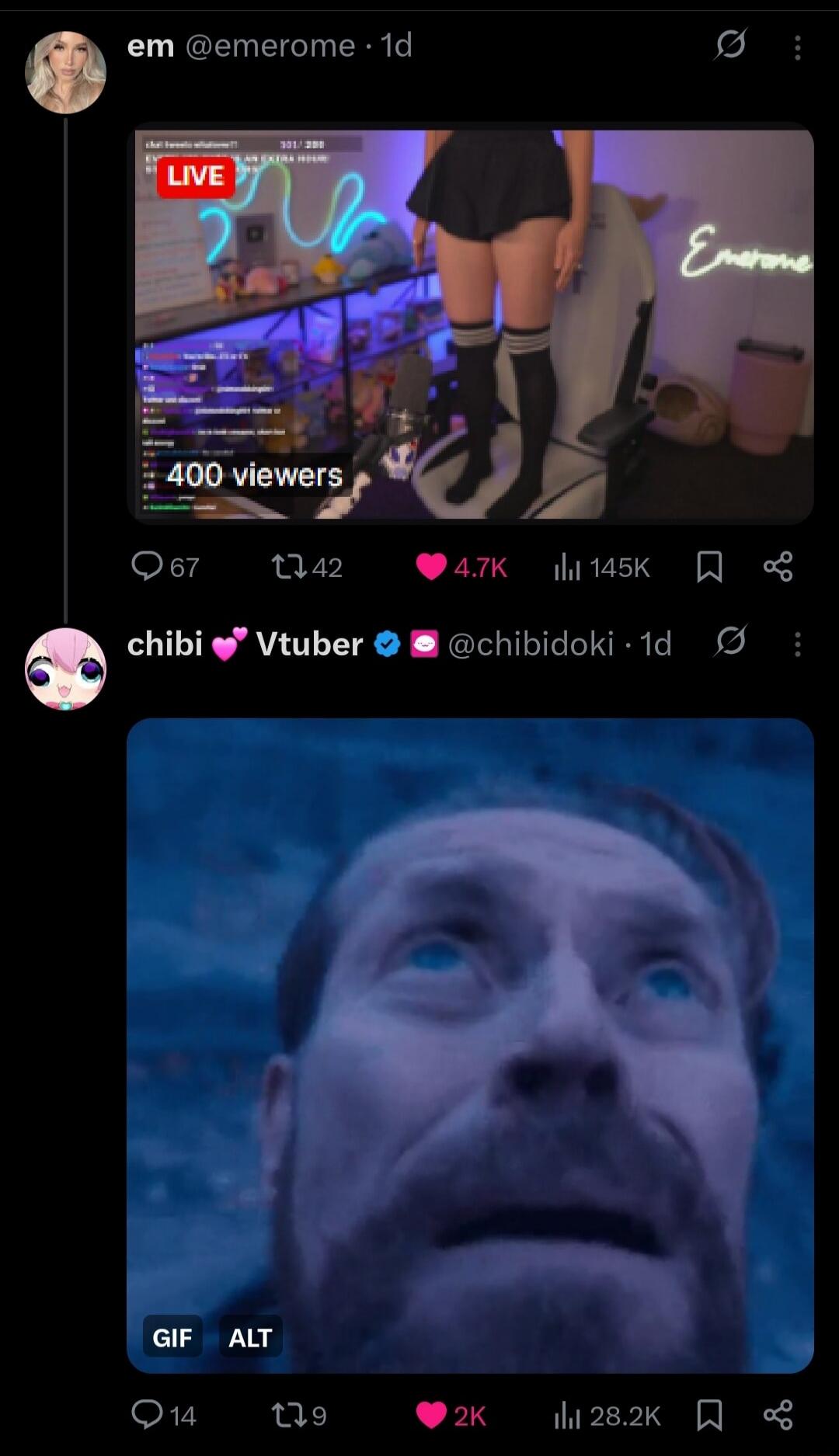 A live stream showing a person in a short skirt and thigh-high socks standing on a gaming chair, with 'LIVE' and '400 viewers' visible. Below, a GIF of actor Willem Dafoe looking up with a shocked or surprised expression.
