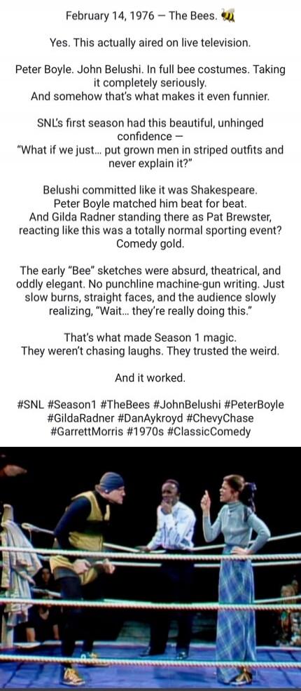 February 14, 1976 - The Bees. Yes. This actually aired on live television. Peter Boyle. John Belushi. In full bee costumes. Taking it completely seriously. And somehow that's what makes it even funnier. SNL's first season had this beautiful, unhinged confidence - 