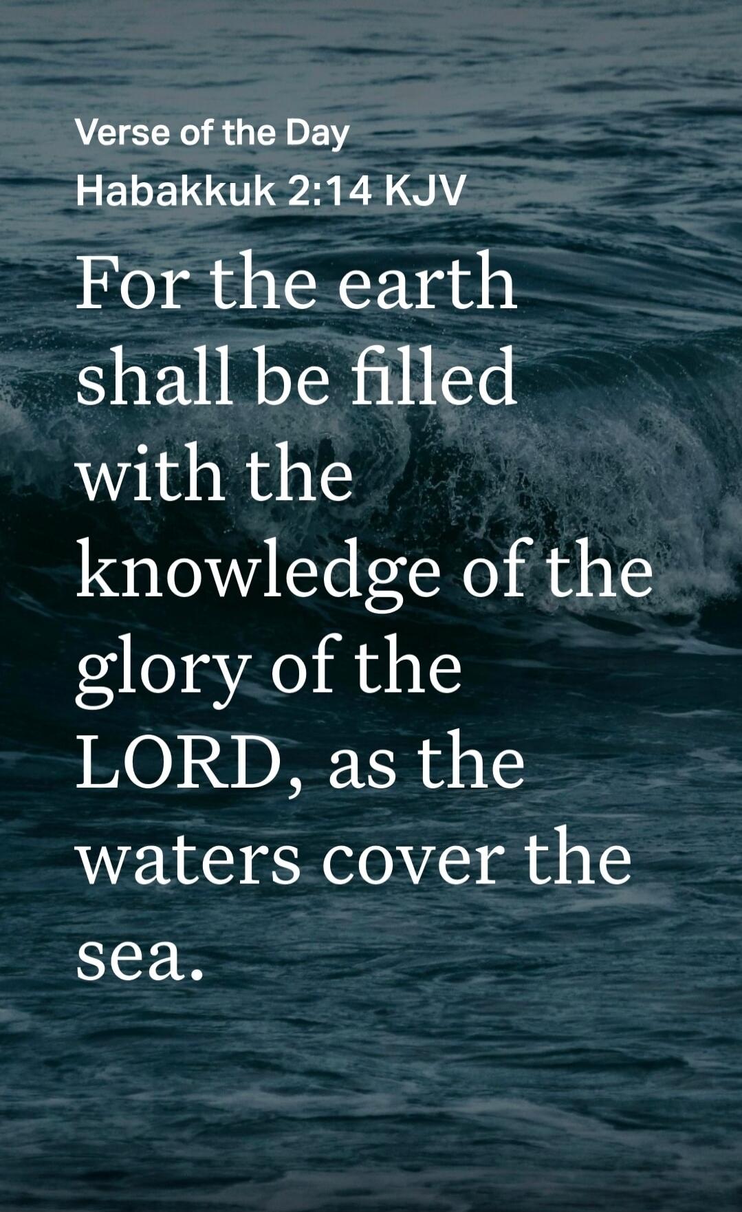 Verse of the Day
Habakkuk 2:14 KJV
For the earth shall be filled with the knowledge of the glory of the LORD, as the waters cover the sea.