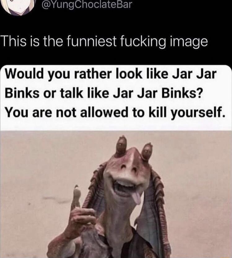 This is the funniest fucking image
Would you rather look like Jar Jar Binks or talk like Jar Jar Binks? You are not allowed to kill yourself.