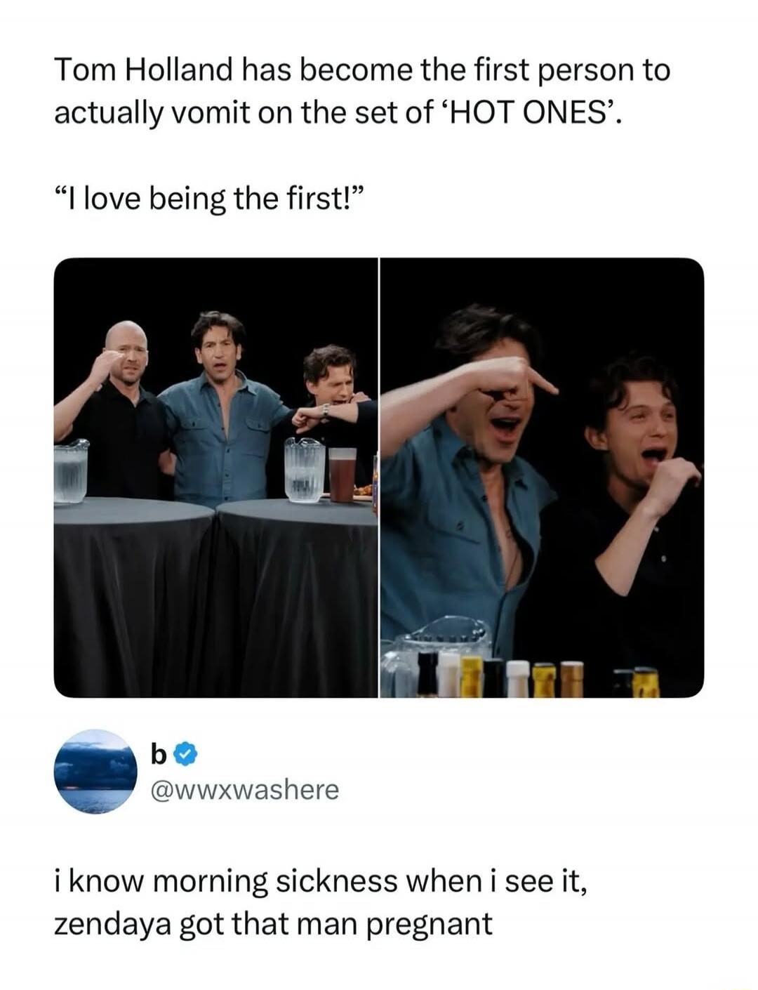 Tom Holland has become the first person to actually vomit on the set of 'HOT ONES'. 