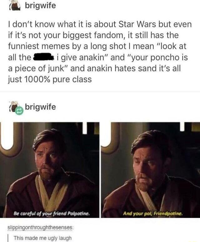 brigwife dont know what it is about Star Wars but even if its not your biggest fandom it still has the funniest memes by a long shot mean look at all the l i give anakin and your poncho is a piece of junk and anakin hates sand its all just 1000 pure class b brigwife A W e careful of your friend Polpotine And your po Friendpotine