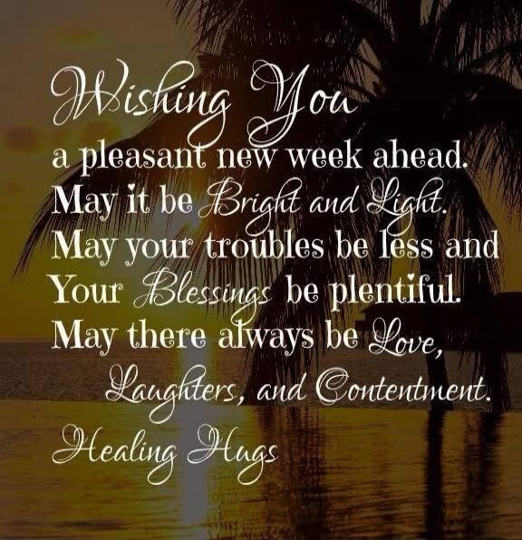 Wishing You a pleasant new week ahead. May it be Bright and Light. May your troubles be less and Your Blessings be plentiful. May there always be Love, Laughter, and Contentment. Healing Hugs