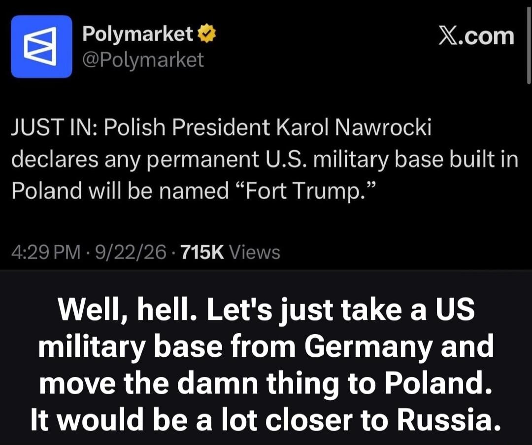Polymarket @Polymarket X.com JUST IN: Polish President Karol Nawrocki declares any permanent U.S. military base built in Poland will be named “Fort Trump.” 4:29 PM · 9/22/26 · 715K Views Well, hell. Let's just take a US military base from Germany and move the damn thing to Poland. It would be a lot closer to Russia.