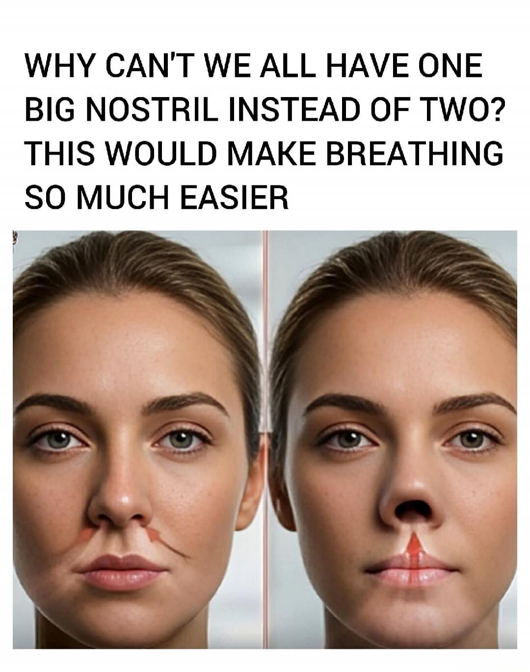 WHY CAN'T WE ALL HAVE ONE BIG NOSTRIL INSTEAD OF TWO? THIS WOULD MAKE BREATHING SO MUCH EASIER