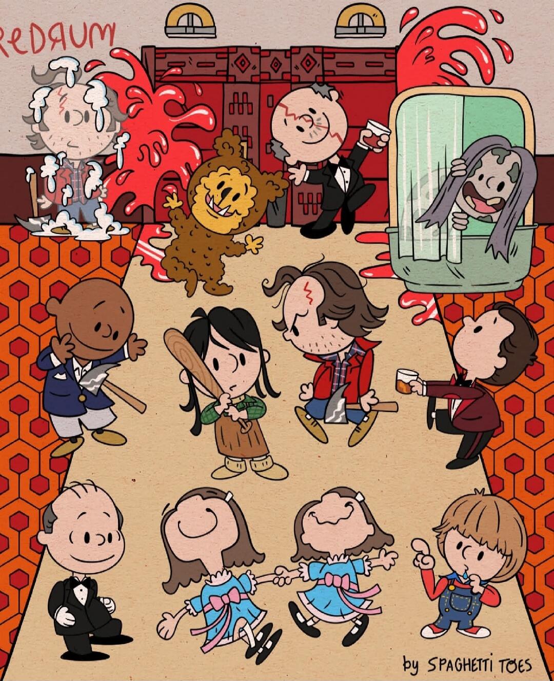 REDRUM by SPAGHETTI TOES. Cartoon characters from The Shining, including Jack Torrance with an axe, Wendy with a bat, Danny, the Grady twins, Dick Hallorann, the woman from room 237, and the bear costume character. Blood splatters and the iconic carpet pattern are visible.