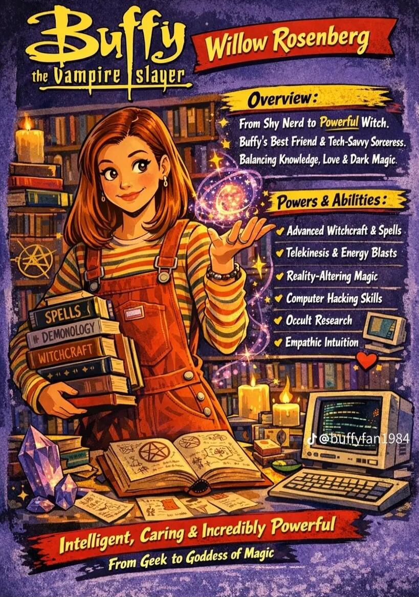 Buffy the Vampire Slayer. Willow Rosenberg. Overview: From Shy Nerd to Powerful Witch. Buffy's Best Friend & Tech-Savvy Sorceress. Balancing Knowledge, Love & Dark Magic. Powers & Abilities: Advanced Witchcraft & Spells, Telekinesis & Energy Blasts, Reality-Altering Magic, Computer Hacking Skills, Occult Research, Empathic Intuition. Books: Spells,