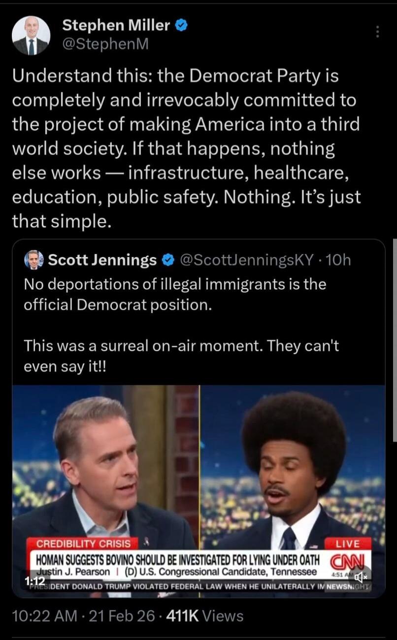 Understand this: the Democrat Party is completely and irrevocably committed to the project of making America into a third world society. If that happens, nothing else works — infrastructure, healthcare, education, public safety. Nothing. It's just that simple. No deportations of illegal immigrants is the official Democrat position. This was a surre