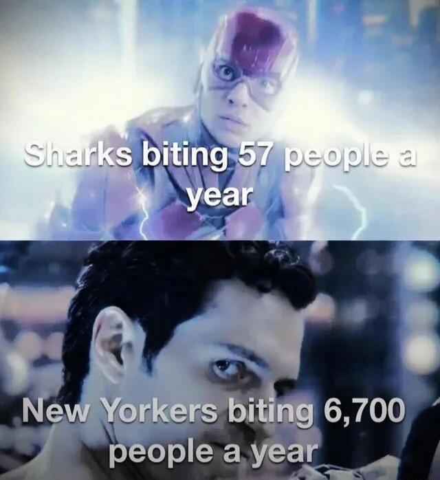 Sharks biting 57 people a year
New Yorkers biting 6,700 people a year