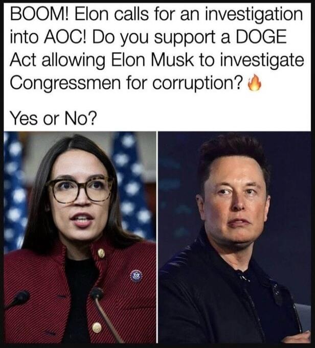 BOOM! Elon calls for an investigation into AOC! Do you support a DOGE Act allowing Elon Musk to investigate Congressmen for corruption? Yes or No?