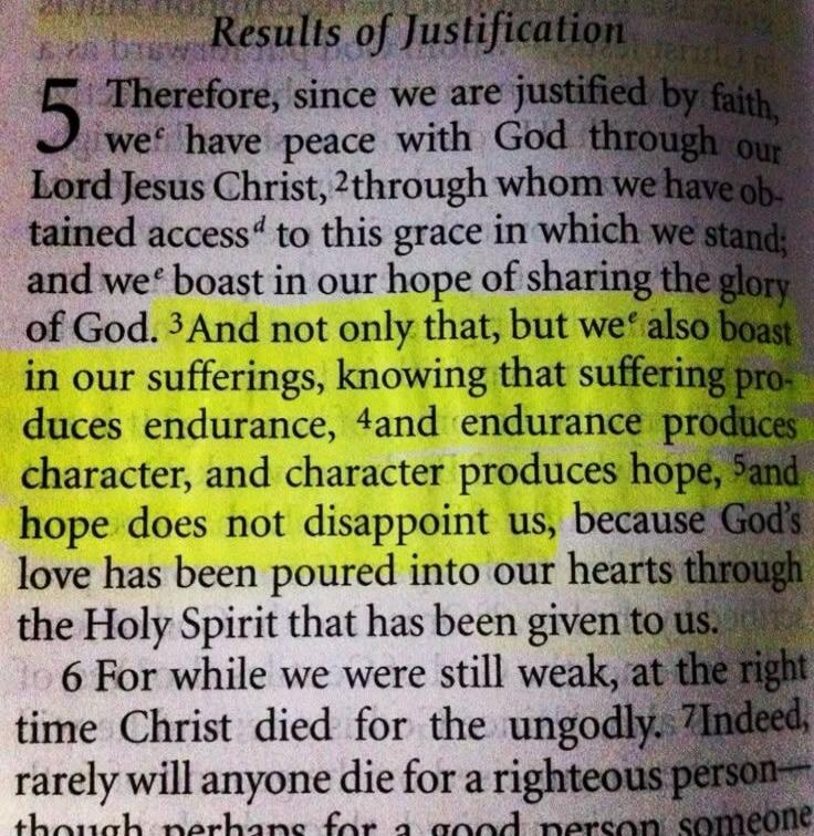Results of Justification. Therefore, since we are justified by faith, we have peace with God through our Lord Jesus Christ, through whom we have obtained access to this grace in which we stand; and we boast in our hope of sharing the glory of God. And not only that, but we also boast in our sufferings, knowing that suffering produces endurance, and