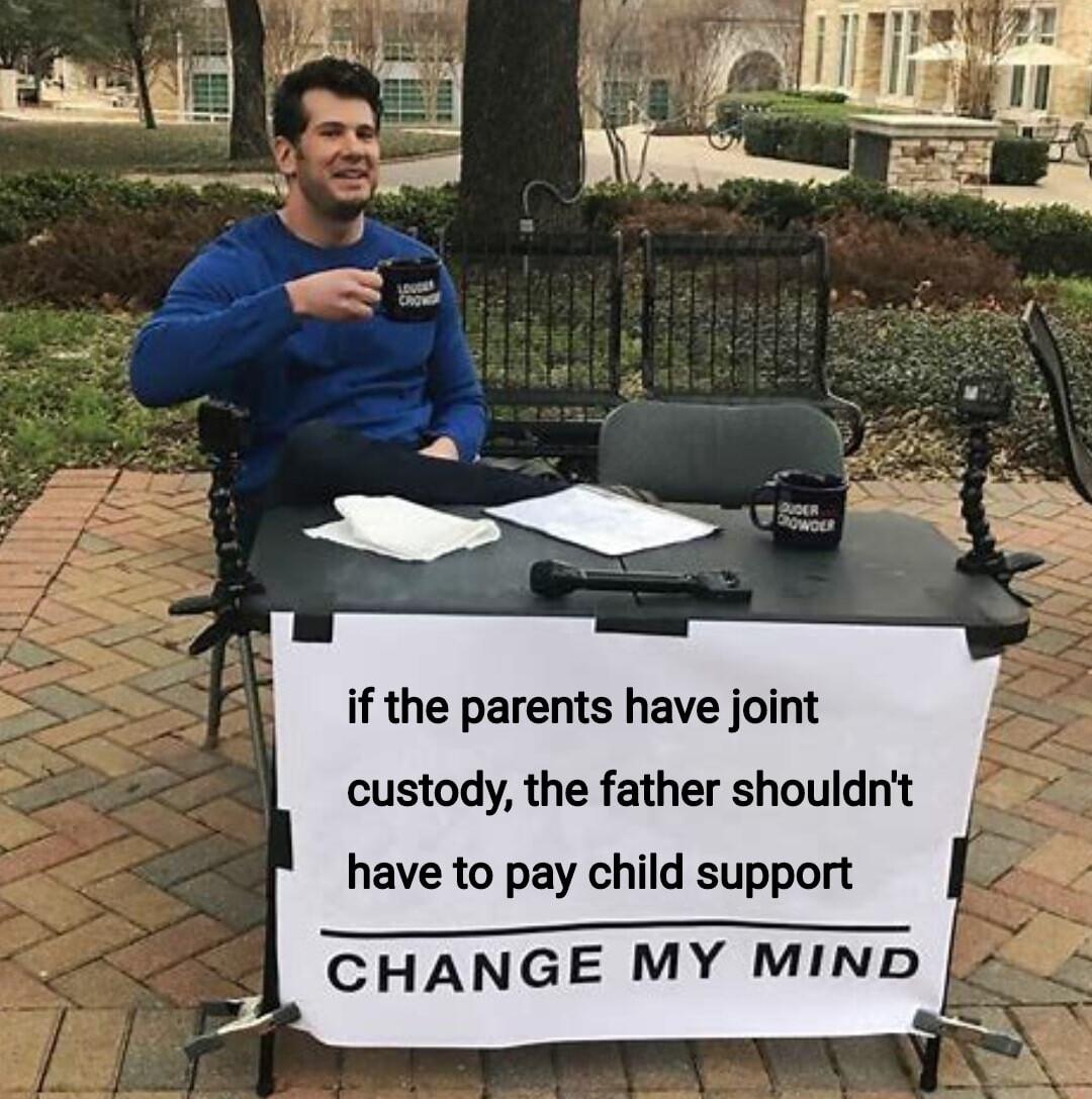if the parents have joint custody the father shouldnt have to pay child support I CHANGE MY MIND
