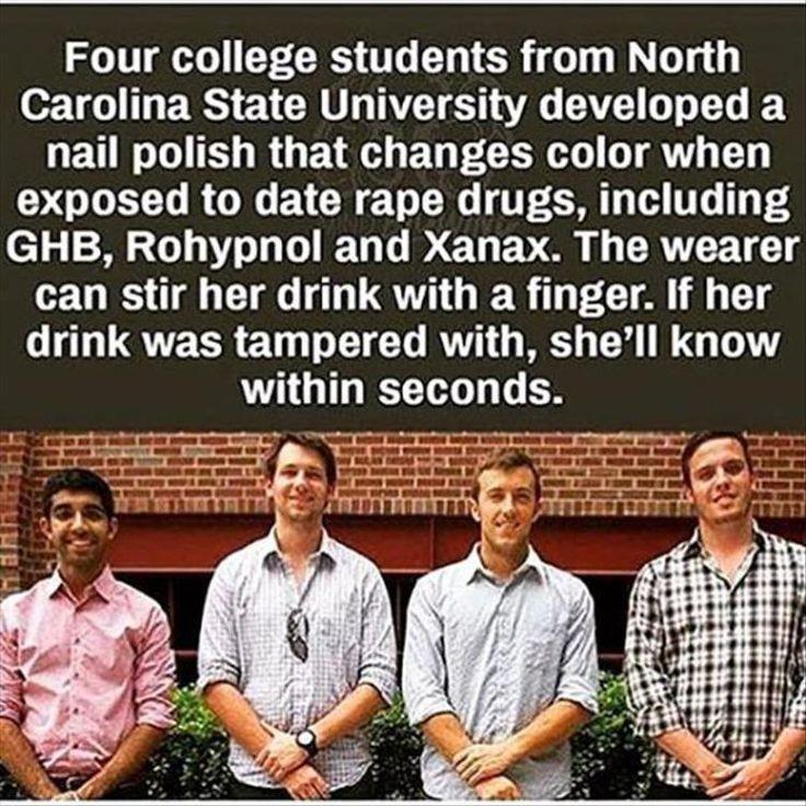 Four college students from North 021 o T E RS VG UL AT TR CAYEI L o T1o JE2 nail polish that changes color when Y LRI RGN ECH 1o R T C5M T T 0 144 GHB Rohypnol and Xanax The wearer can stir her drink with a finger If her drink was tampered with shell know